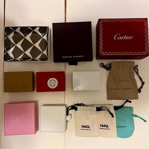Jewelry boxes include Cartier, j crew plate, pouches of many brands New